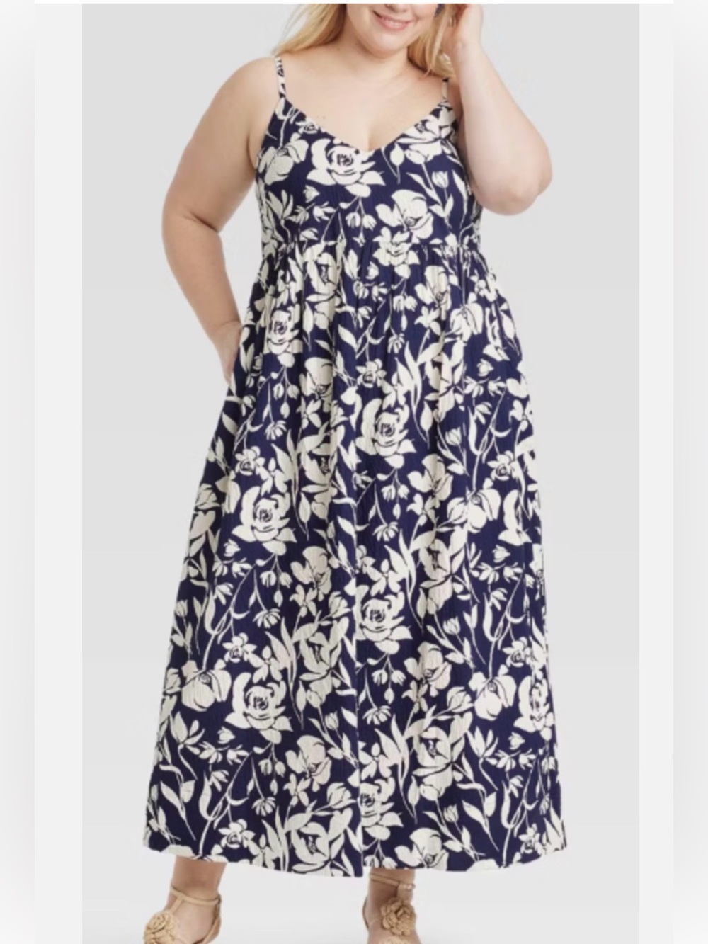 A New Day Sundress Navy Blue and White Floral Maxi Dress Spaghetti Straps Size L